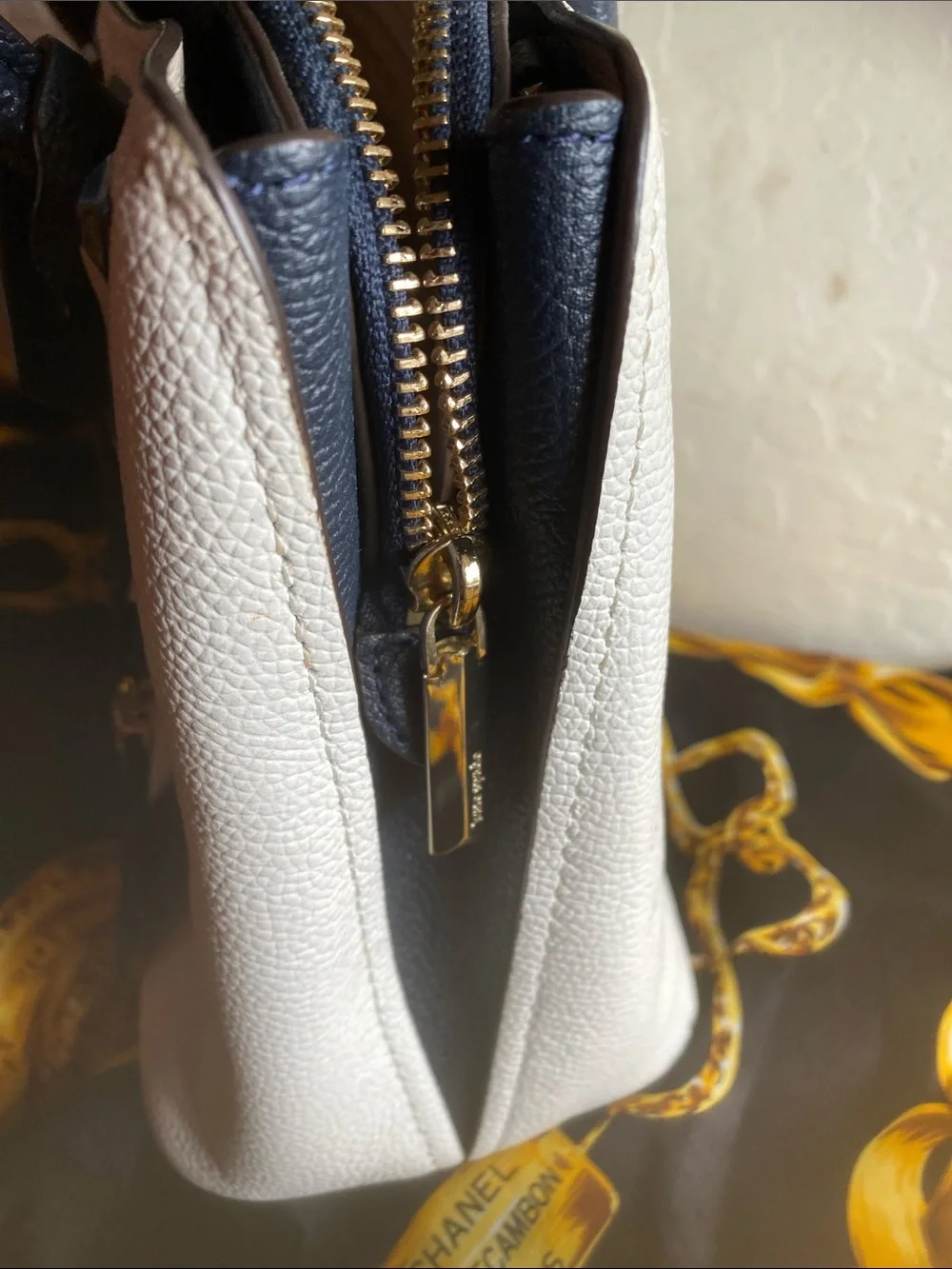 kate spade White Pebbled Satchel with Black Handles and Pink & Orange